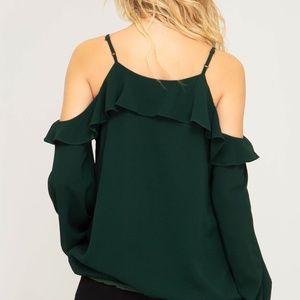 LONG SLEEVE COLD SHOULDER SURPLICE WOVEN TOP